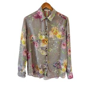Johnny Was 3J Workshop Floral Button Up Top Womens M Boho Cotton Silk Roll Tab